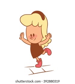 Vector color cartoon image of a cute little girl. Little girl with blonde hair. Little girl is jumping on one leg on a white background. Color image with brown tracings. Vector cartoon little girl.