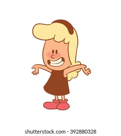 Vector color cartoon image of a cute little girl. Little girl with blonde hair. Little girl with arms outstretched to the sides on a white background. Color image with brown tracings. Vector girl.