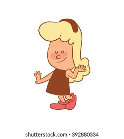 Vector color cartoon image of a cute little girl. Little girl with blonde hair. Little girl is standing and coquetting on white background. Color image with brown tracings. Vector cartoon little girl.