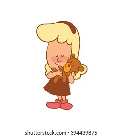 Vector color cartoon image of a cute little girl. Little girl with blonde hair. Little girl with a teddy bear in her hands on a white background. Color image with brown tracings. Vector little girl.