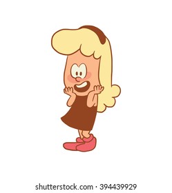 Vector color cartoon image of a cute little girl. Little girl with blonde hair. Little girl is standing and rejoicing on a white background. Color image with brown tracings. Vector cartoon little girl