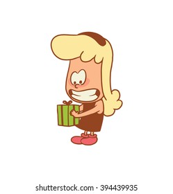 Vector color cartoon image of a cute little girl. Little girl with blonde hair. Little girl with a gift in her hands on a white background. Color image with brown tracings. Vector cartoon little girl.