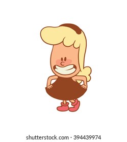 Vector color cartoon image of a cute little girl. Little girl with blonde hair. Little girl is making a curtsy on a white background. Color image with brown tracings. Vector cartoon little girl.