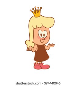 Vector color cartoon image of a cute little girl. Little girl with blonde hair. Little girl with a crown on her head on a white background. Color image with brown tracings. Vector cartoon little girl.