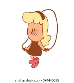 Vector color cartoon image of a cute little girl. Little girl with blonde hair. Little girl is jumping with a skipping rope on a white background. Color image with brown tracings. Vector little girl.
