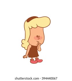 Vector color cartoon image of a cute little girl. Little girl with blonde hair. Little girl is keeping a secret on a white background. Color image with brown tracings. Vector cartoon little girl.