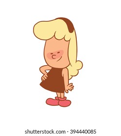 Vector color cartoon image of a cute little girl. Little girl with blonde hair. Little girl with one hand on the waist on white background. Color image with brown tracings. Vector cartoon little girl.