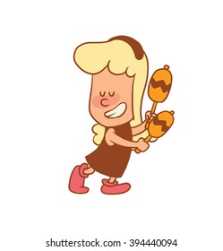 Vector color cartoon image of a cute little girl. Little girl with blonde hair. Little girl with maracas in her hands on a white background. Color image with brown tracings. Vector cartoon little girl