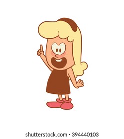 Vector color cartoon image of a cute little girl. Little girl with blonde hair. Little girl is pointing finger up on a white background. Color image with brown tracings. Vector cartoon little girl.