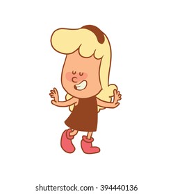 Vector color cartoon image of a cute little girl. Little girl with blonde hair. Little girl is dancing and smiling on a white background. Color image with brown tracings. Vector cartoon little girl.