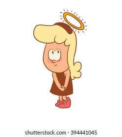 Vector color cartoon image of a cute little girl. Little girl with blonde hair. Little girl with a halo over her head on a white background. Color image with brown tracings. Vector cartoon little girl
