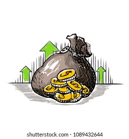 Vector Color Cartoon Ink Illustration Money Bag - Hand Drawn Sketch Icon Golden Coins Dollars Sign Isolated On White Background. Symbol Of Safe Storage And Wealth, Green Arrows Indicate A Rise Profit.