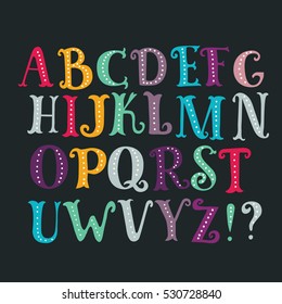 Vector color cartoon serif alphabet. Hand drawn letters isolated on dark background. Colorful vector illustration. Design elements for scrapbooking.