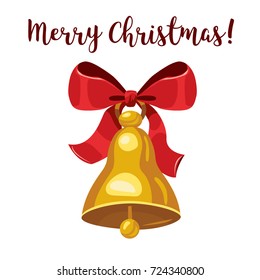 Vector color cartoon style comic illustration of elegant jingle bells with red satin ribbon isolated on white background. Christmas element illustration for printing card design
