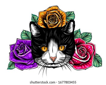 Vector Color Cat Roses Illustration design art