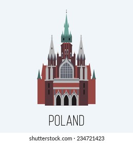 Vector color Catholic gothic castle in flat style. Welcome to Poland.