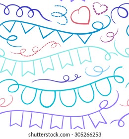 Vector color celebrate ribbons and flags doodles seamless pattern