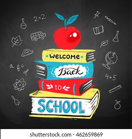 Vector color chalk drawing of apple on stack of books with Welcome Back to School lettering.