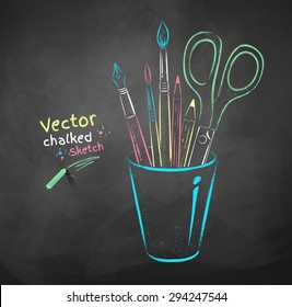 Vector Color Chalk Drawing Of Art Tools In Holder.