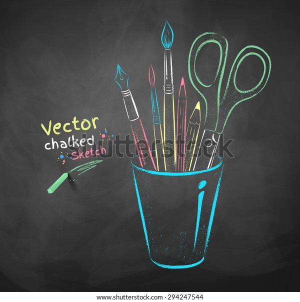 Vector color\
chalk drawing of art tools in\
holder.