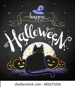 Vector color chalk drawing of Happy Halloween postcard with moon, black cat and pumpkins on chalkboard background.