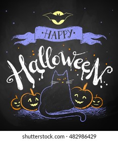 Vector color chalk drawing of Happy Halloween postcard with black cat and pumpkins on chalkboard background.