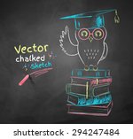 Vector color chalk drawing of owl sitting on books.