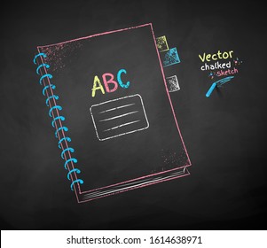 Vector color chalk drawing of school notebook on black chalkboard background.