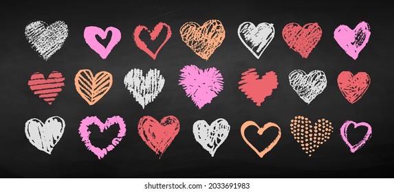 Vector color chalk drawn collection of grunge Valentine hearts on blackboard background.