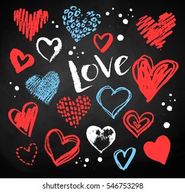 Vector color chalk drawn collection of grunge Valentine hearts on blackboard background with Love word lettering.