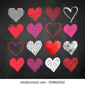 Vector color chalk drawn collection of grunge Valentine hearts on blackboard background.