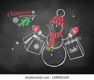 Vector color chalk drawn illustration of cute Snowman character with shopping bags on chalkboard background.