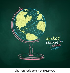 Vector color chalk drawn  illustration of globe on green chalkboard background.