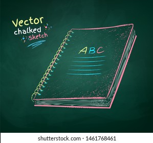 Vector color chalk drawn  illustration of  school notebook on green chalkboard background.