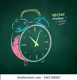 Vector color chalk drawn  illustration of alarm clock on green chalkboard background.