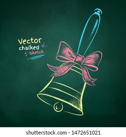 Vector color chalk drawn  illustration of school bell with a bow  on green chalkboard background.