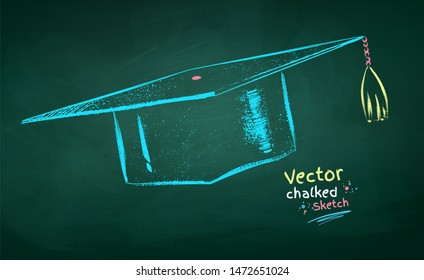 Vector color chalk drawn  illustration of graduation hat on green chalkboard background.