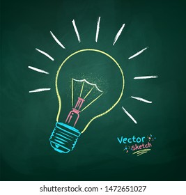 Vector color chalk drawn  illustration of light bulb on green chalkboard background.