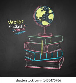 Vector color chalk drawn illustration of books and globe on black chalkboard background.