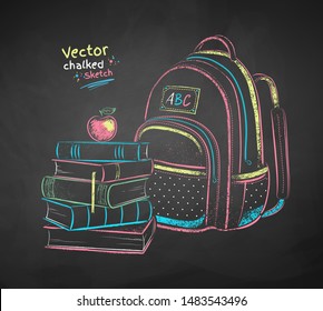 Vector color chalk drawn  illustration of apple on books and school bag on black chalkboard background.