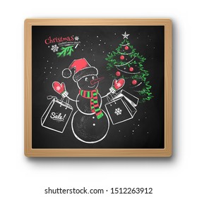 Vector color chalk drawn illustration of Snowman and Christmas tree on square chalkboard background with shadow isolated on white.