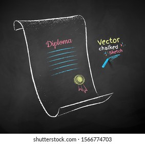 Vector color chalk drawn illustration of diploma scroll page on black chalkboard background.