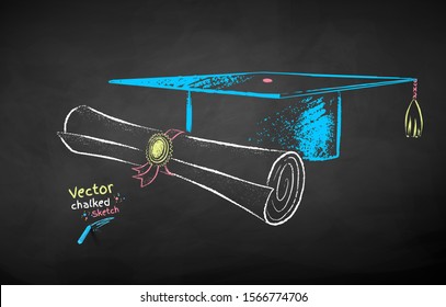 Vector color chalk drawn illustration of mortarboard and diploma scroll on black chalkboard background.