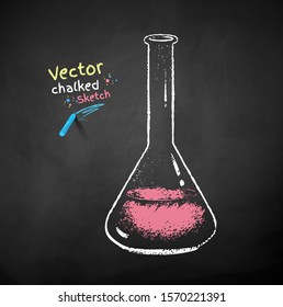 Trazo de color vectorial ilustrado de matraz químico en el fondo de pizarra negra.