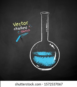 Vector color chalk drawn illustration of chemical flask on black chalkboard background.