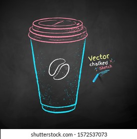 Vector color chalk drawn illustration of coffee paper cup on black chalkboard background.
