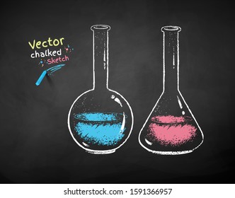 Vector color chalk drawn illustration of blue and red chemical flasks on black chalkboard background.