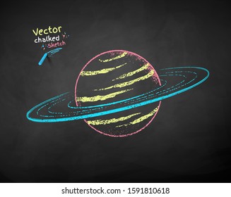 Vector color chalk drawn illustration of Saturn planet on black chalkboard background.