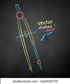Vector color chalk drawn illustration of divider compass on chalkboard background.