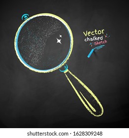 Vector color chalk drawn illustration of magnifying glass on chalkboard background.